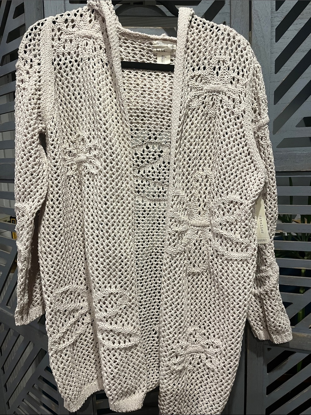 Nicole Miller Cream Open-Knit Hooded Sweater with Floral Motif